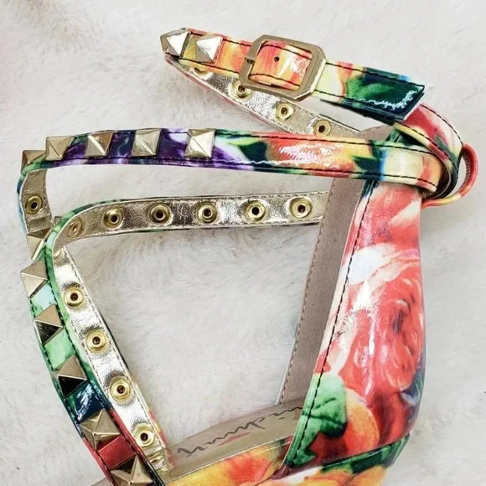 Sexy Riot Colorful Patent Gold Stud Cross Strap Sandal Shoe 4.5